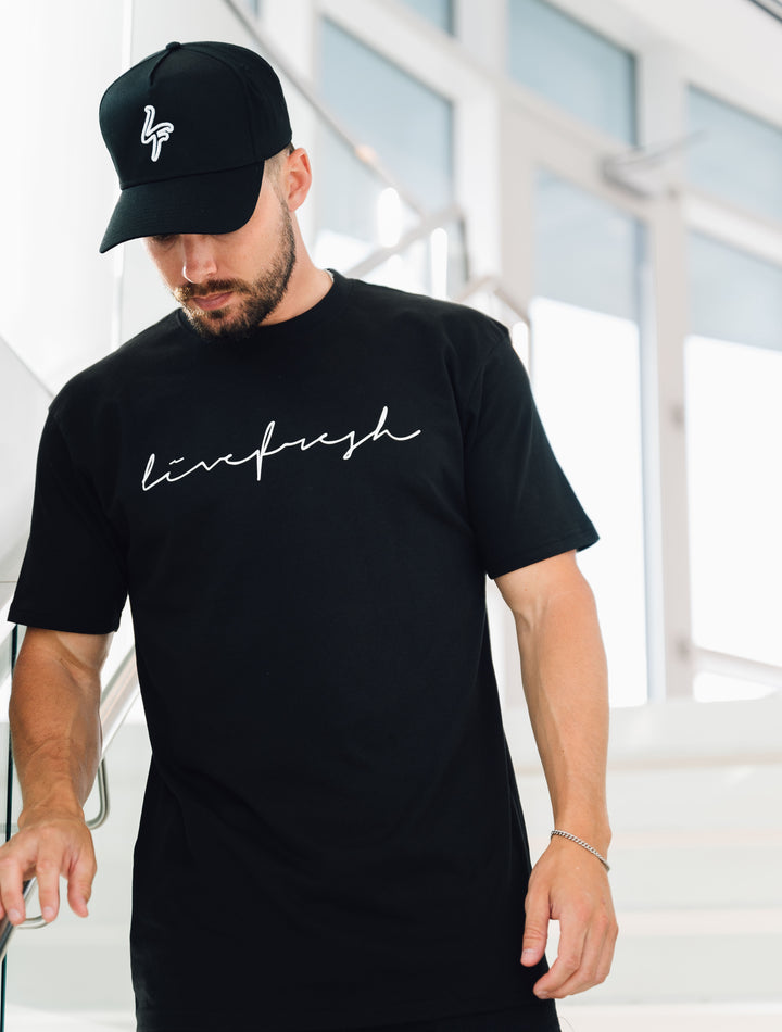 Wave Script Drop Shoulder T-Shirt - Black